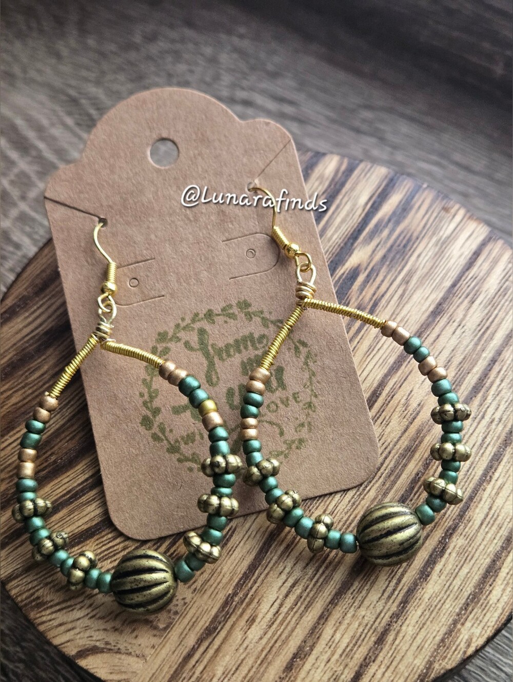 Handcrafted Green and Gold Boho Hoop Earrings